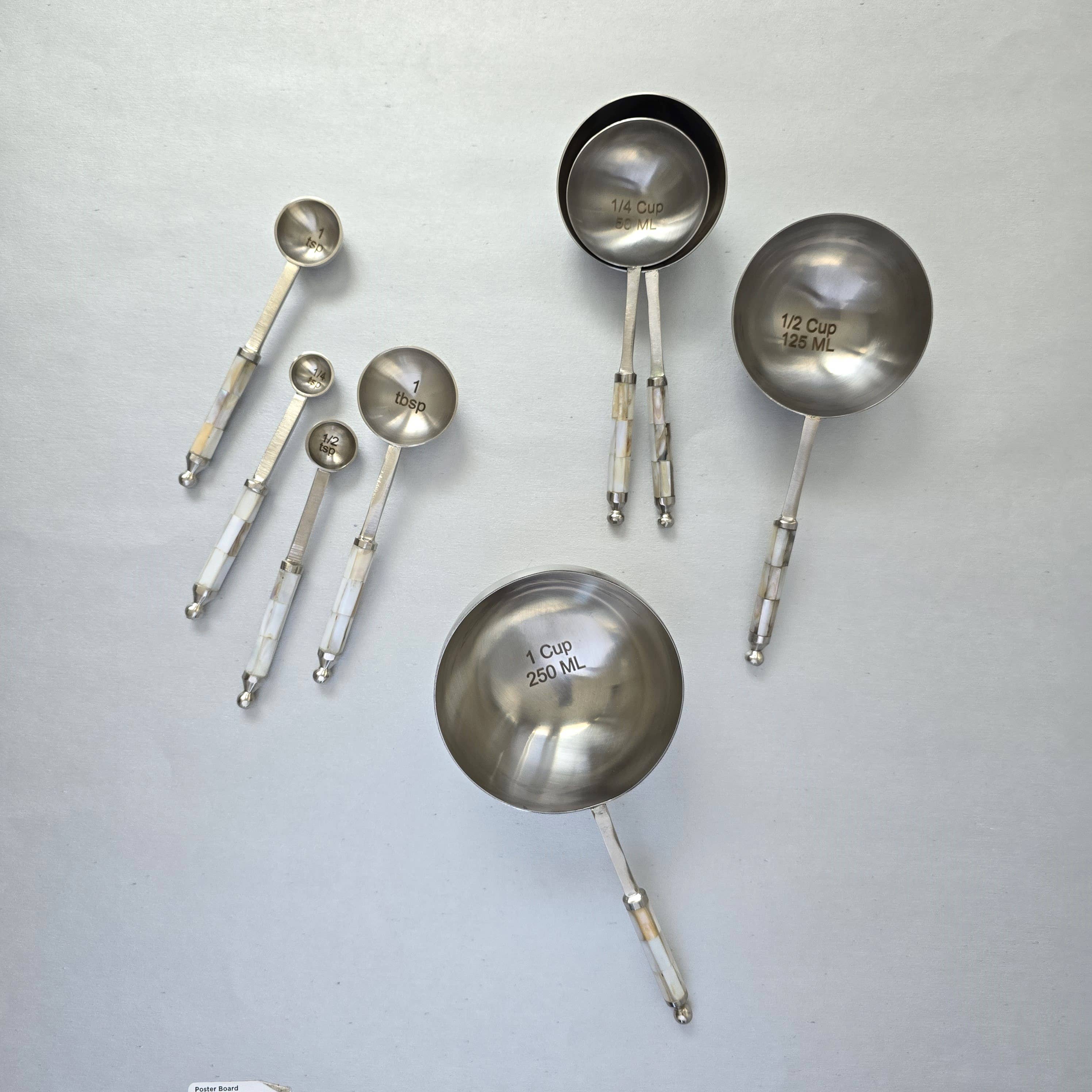 Mother of Pearl Measuring Spoons/Cups Set - Silver Finish - Image 3