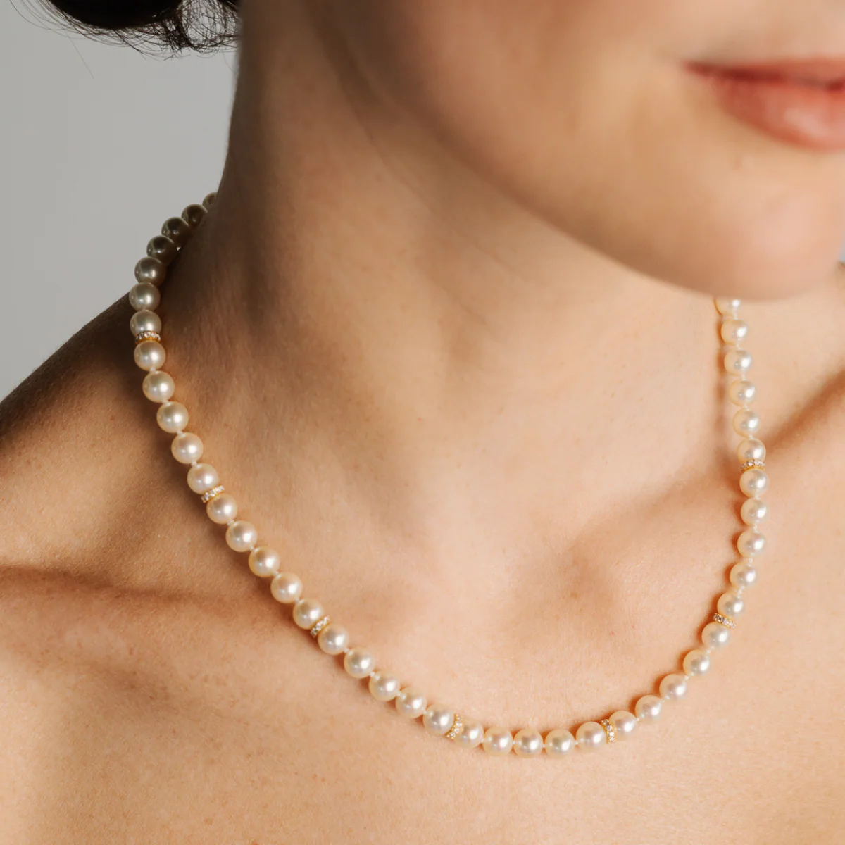 Strand Necklace Eternal Diamond Australian Akoya Broken Bay 6.5mm AAA 77=0.77ct H/SI 60pc 46cm 18ct Yellow Gold - Image 4