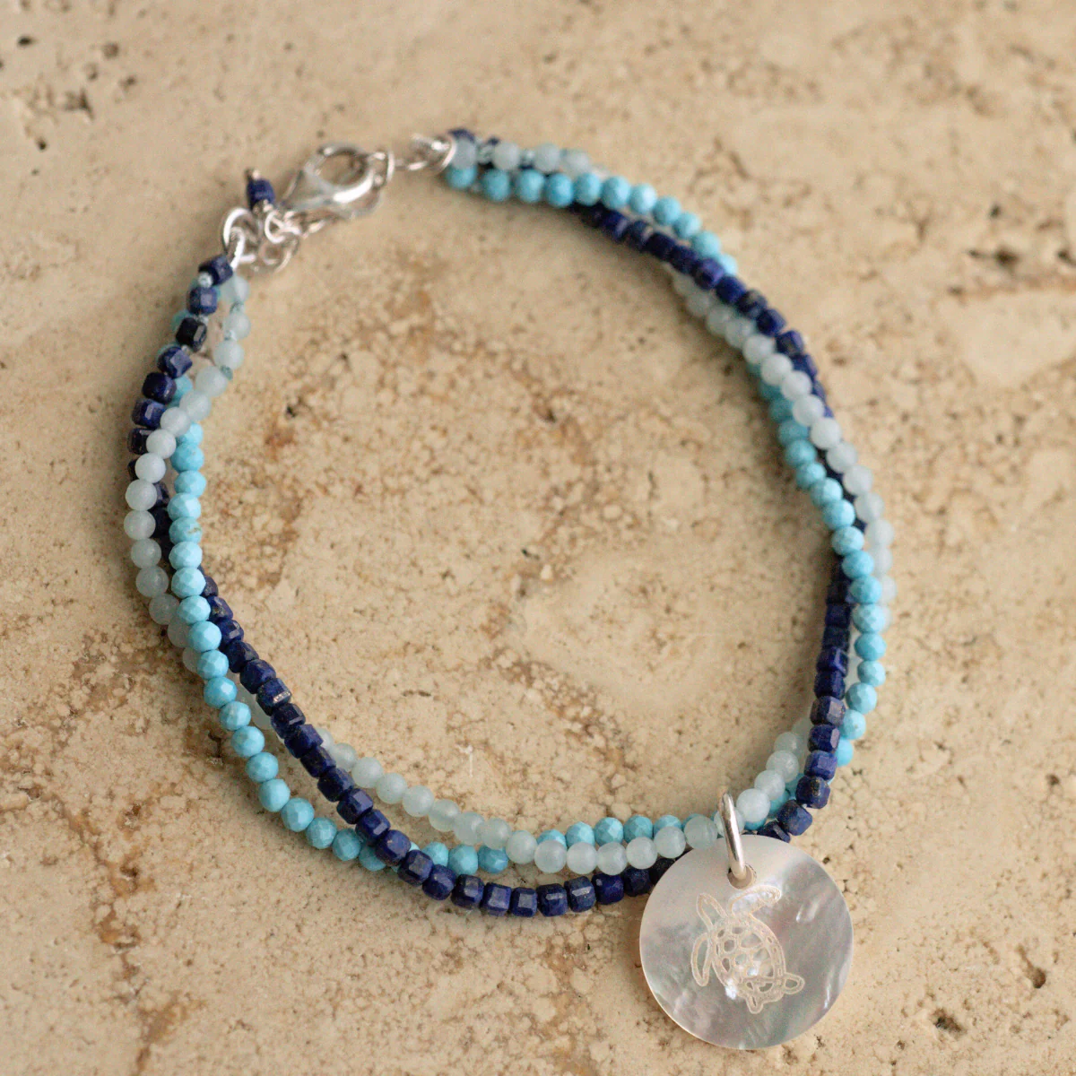 Take 3 Aquamarine, Lapis Lazuli, Turquoise and Mother of Pearl Bracelet Sterling Silver - Image 3
