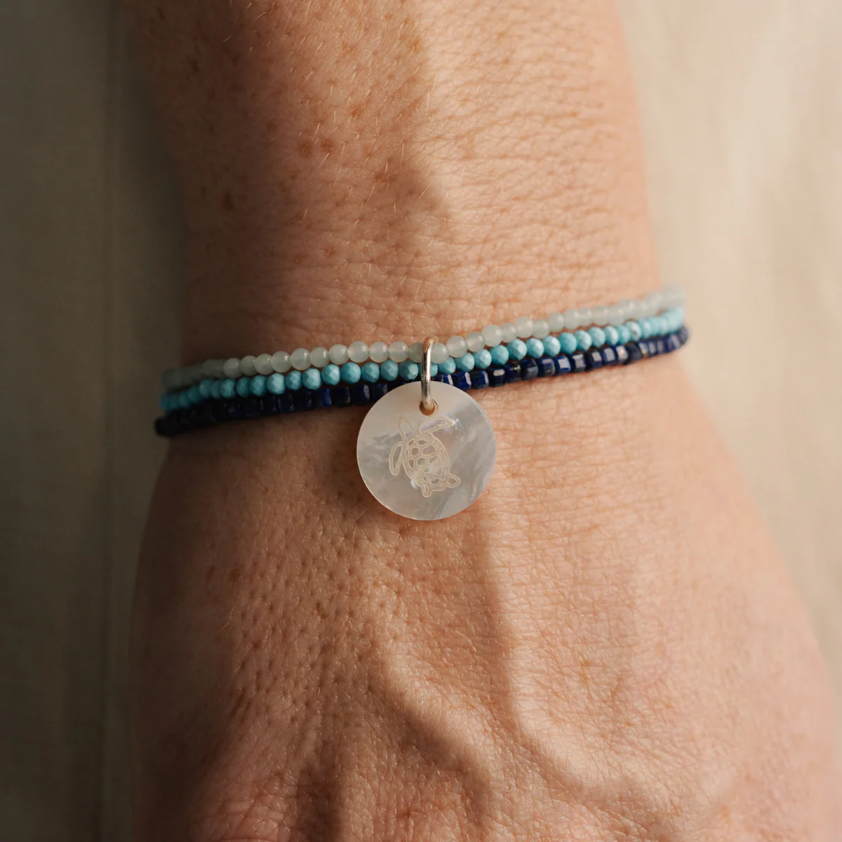 Take 3 Aquamarine, Lapis Lazuli, Turquoise and Mother of Pearl Bracelet Sterling Silver - Image 4